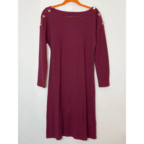 Talbots Knit Bateau Neck Dress Waffle Knit Long‎ Sleeve Red Burgundy Cotton M - Picture 1 of 8